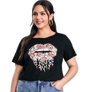 Floral Mouth Print Graphic Short Sleeve Tee SHEIN Women’s Size 0XL